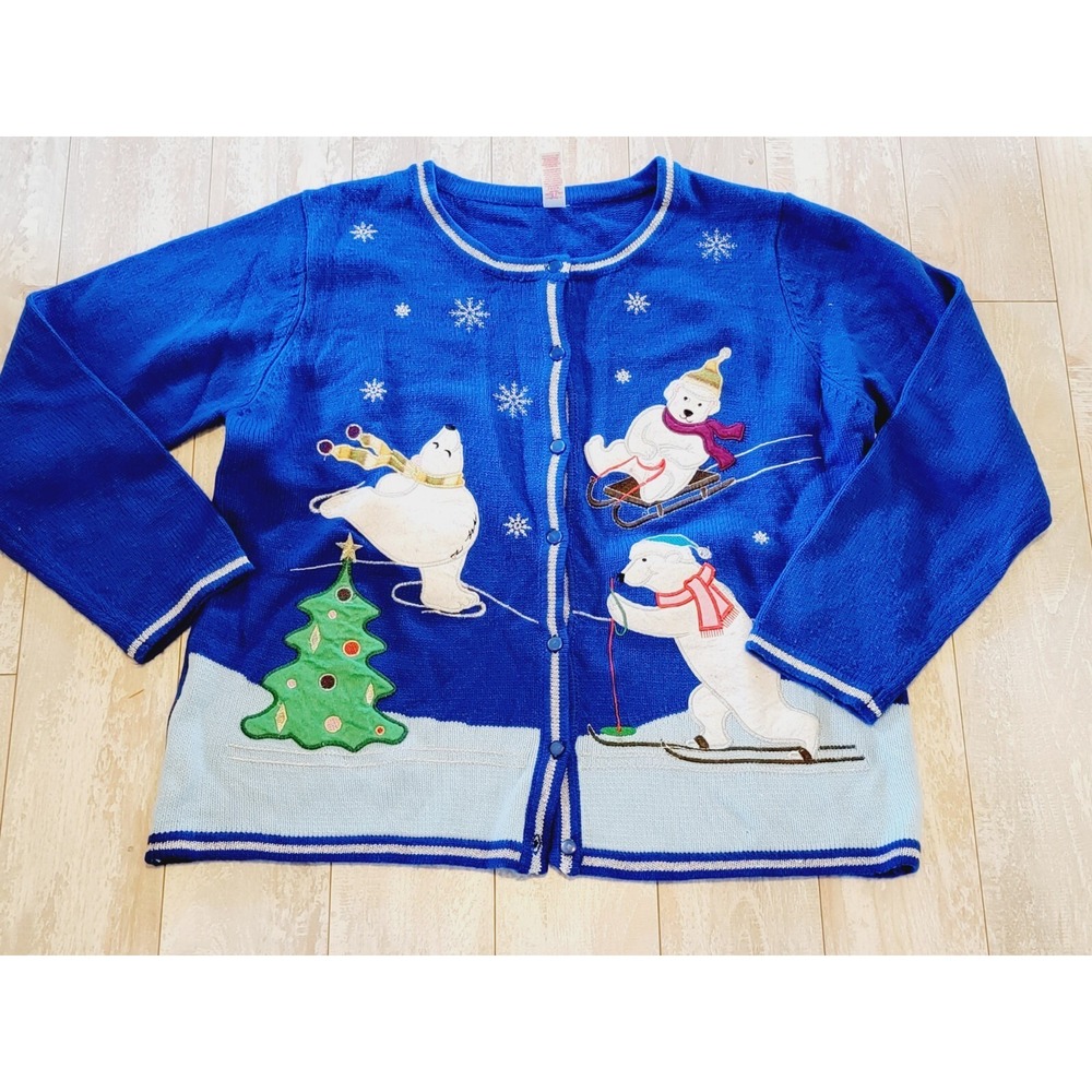 Christmas Cardigan XL Sweater Polar‎ Bears Scarf Holiday Acrylic